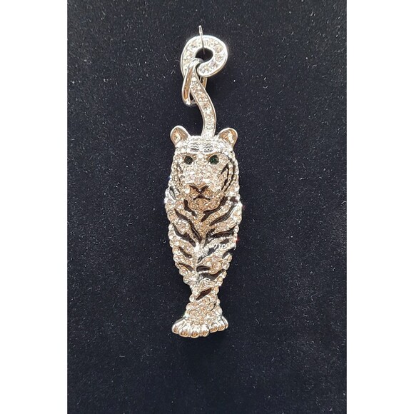 Sparkly Cubic Zirconia Tiger Green Eyes Black Enamel Pendant - Picture 2 of 7